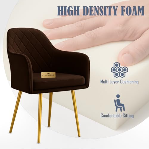 Image of Barfi Velvet Dining Chair | Premium Modern Upholstered Accent Chair with Armrest, Padded Seat and Metal Legs | Comfy Chair for Home, Office & Restaurents (Dark Brown)