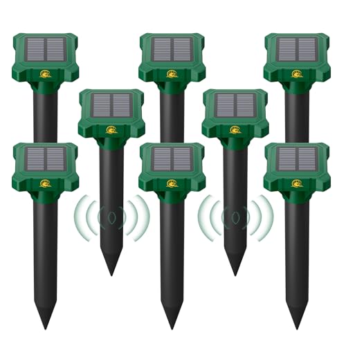8 Pack Mole Repellent Solar Powered, IP65 Waterproof Gopher Chipmunk Repeller Outdoor, Groundhog Snake Repellent for Yard, Sonic Mole and Vole Deterrent Spikes, Effective Lawn and Garden Protection
