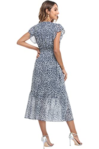 Image of VintageClothing Womens Sundress Casual Floral Summer Boho Dress | Flowy Wrap V Neck Ruffle A-Line Pleated Hem Midi Dresses