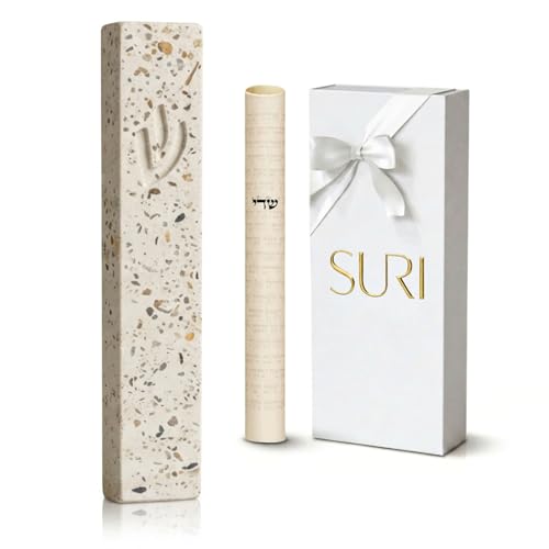 Image of SURI Mezuzah Case - 5 Inch Terrazzo Cream and Pink Concrete Jewish Door Mezuza Cover with Non Kosher Scroll, Self-Stick Adhesive, Fits a 4 Inch Scroll, Gift Box Included