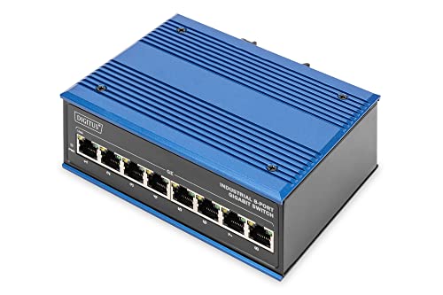 DIGITUS Conmutador de Red - Gigabit Ethernet de 8 puertos - Montaje en carril DIN - Bloque de terminales - Sin ventilador - Negro/Azul