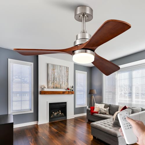 42 Inch Wood Ceiling Fans with Lights and Remote, Brushed Nickel Outdoor...