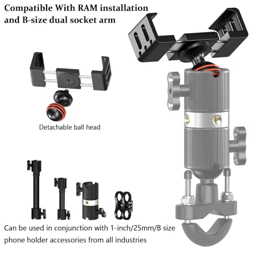 Image of Aluminum Phone Mount with 1 inch Ball Head - Compatible with RAM Mounts B Size | Motorcycle /Bike /UTV Phone Holder for 1.9 inch-3.6 inch Smartphones, Anti-Vibration & Anti-Drop, Durable Alloy Clip