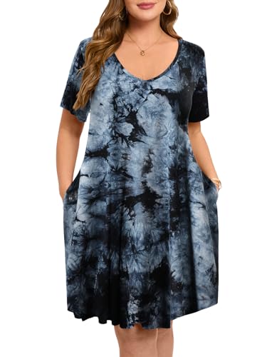 Image of ZENNILO Women's Plus Size Swing Dress with Pockets Casual Summer Dresses V Neck Short Sleeve T Shirt Dress for Women