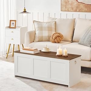 HOOBRO Storage Bench, 39.3" Retro Wooden Storage Chest, Wooden Storage Trunk, Toy Chest with Lift Top, Multifunctional Entryway Organizer, for Entryway, Living Room, White and Walnut WH141CW01 HOOBRO Storage Bench 393 Retro Wooden Storage Chest Wooden Storage Trunk Toy Chest with Lift Top Multifunctional Entryway Organizer for Entryway Living Room White and Walnut WH141CW01