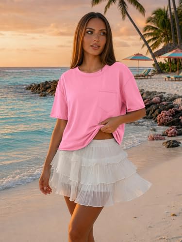 Image of ATHMILE Womens Crop Tops Workout Shirts Gym Oversized Spring Summer Basic Tees Short Sleeve Casual Loose Drop Shoulder 2026