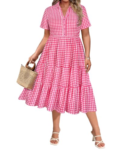 Image of CARCOS Plus Size Dresses for Curvy Women Collared Vneck Short Sleeve Dresses Midi Summer Ruffle Dress with Pocket XL-5XL