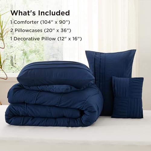 Image of Bedsure King Comforter Set - 4 Pieces Pinch Pleat Bed Set, Navy Blue Boho Bedding for All Season, 1 Soft Comforter, 2 Pillowcases, 1 Decorative Pillow