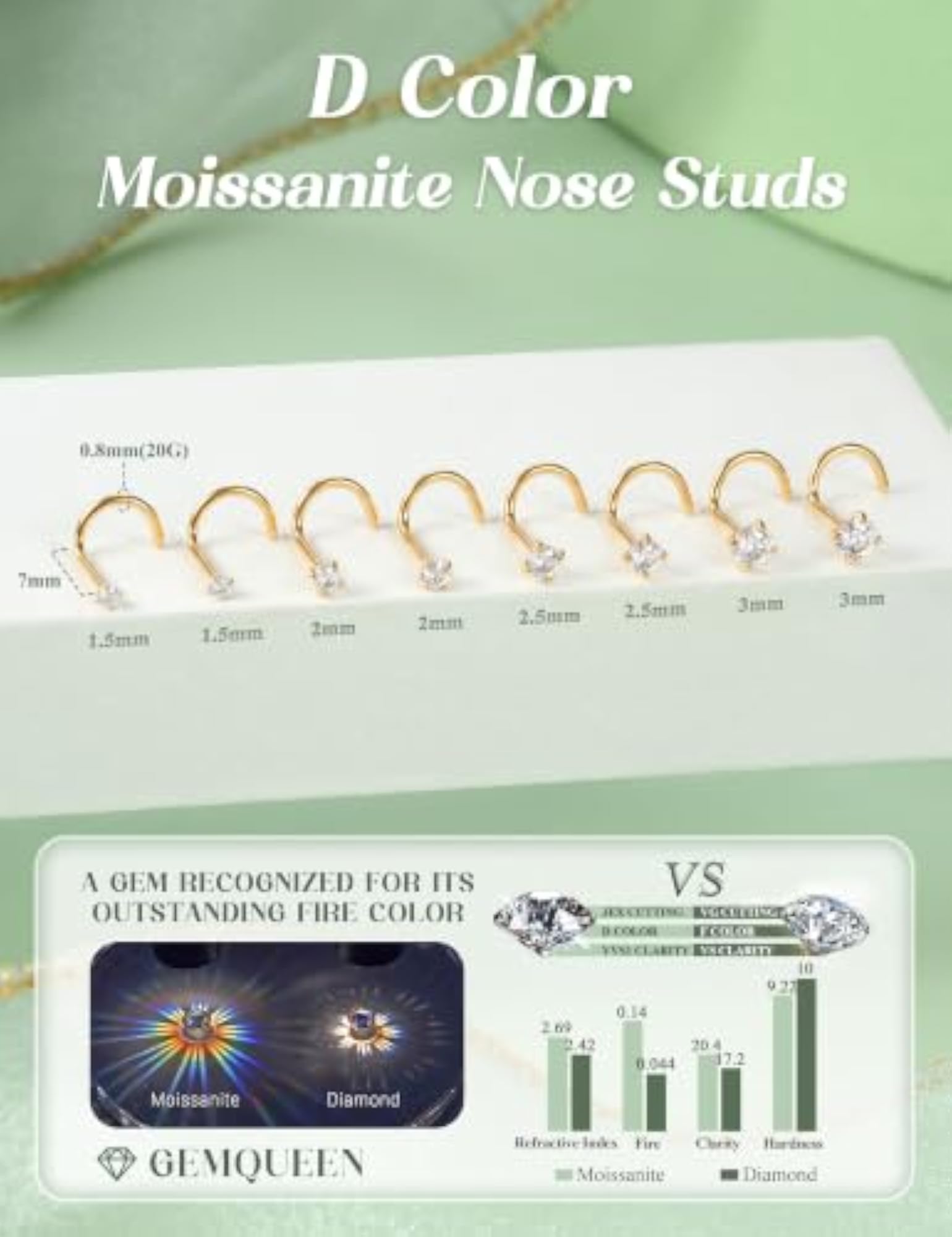 8pcs Moissanite Nose Earrings Set, 18K Gold Plated