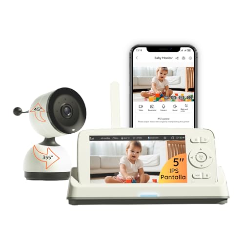 Cámara Vigilancia Bebé Full HD 1080P PTZ, Vigilabebés con Pantalla IPS de 5”, Audio 2 Vías, Detección de Llanto y Movimiento, Visión Nocturna, VOX, Modo Wi-Fi Apagado,Wi-Fi Remoto, Largo Alcance 500m