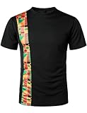 ZEROYAA Men's African Kente Pattern Patchwork T-Shirt Breathable Short Sleeve Dashiki Shirt Black Vertical Large