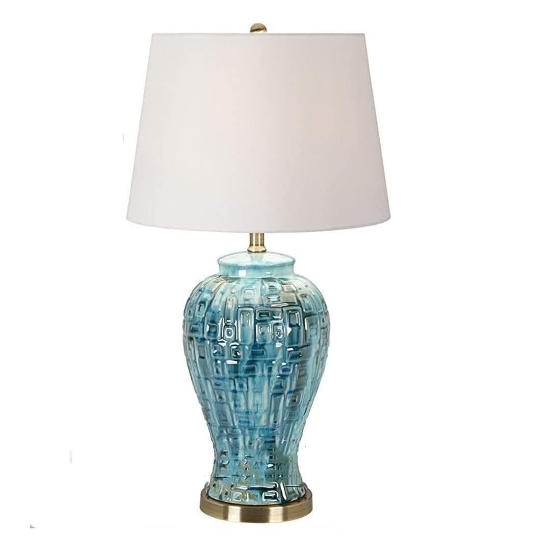 Lampa stołowa Lampa nocna Lampa nocna Niebieska krata Ceramiczna Biały abażur z tkaniny Dekoracja do sypialni Domowego biura Biurko Stolik nocny (niebieski Przycisk Przełącznik)