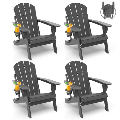 GREENVINES Folding-Adirondack-Chairs-Set-of-4 | HDPE Plastic | Fire Pit Chair | All Weather | Cup Holder | Grey | for Deck Backyard Patio Outdoor Gard