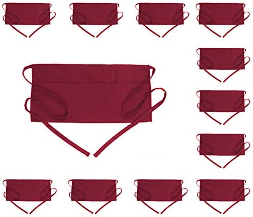 BOHARERSWaist Apron with 3 Pockets 12 Pack - Red Waitress Server Short ApronCarbonfree Certified