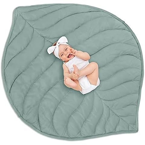 Funtery Baby Play Mat 56 x 42 Inch Cotton Crawling Cushion Cotton Nursery Rug Large Thick Soft Reversible Washable Folding Floor Mat Playpen Mat Nursery Decor Rug for Girls Boys (Green,Leaf) Cover
