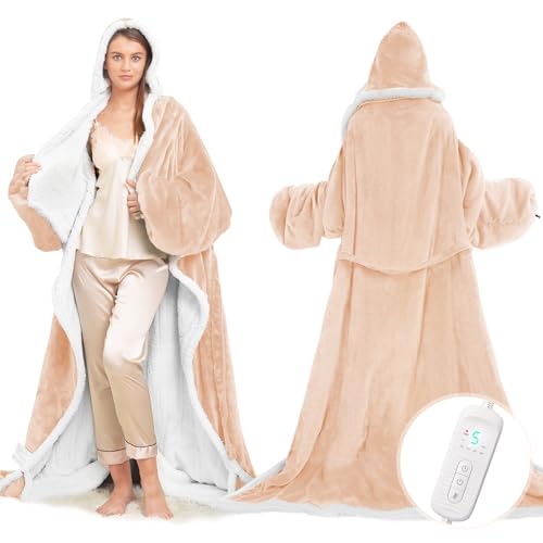 Wearable Heated Blanket with Foot Pocket, Electric Wearable Throw Blanket with Sleeves, Hood, Portable Heated Blanket with 8 Heat Settings, 1-10 Hours Auto Shut-off, Gift for Family, Friends, 50*70"