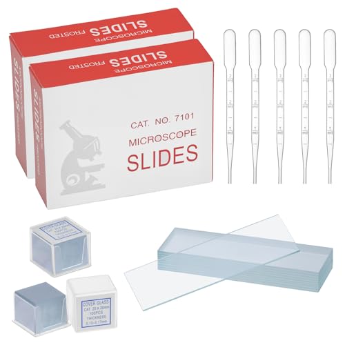QWORK® 50 piezas portaobjetos de microscopio prelimpiados y 100 piezas cubreobjetos microscopio con 5 goteros de plástico