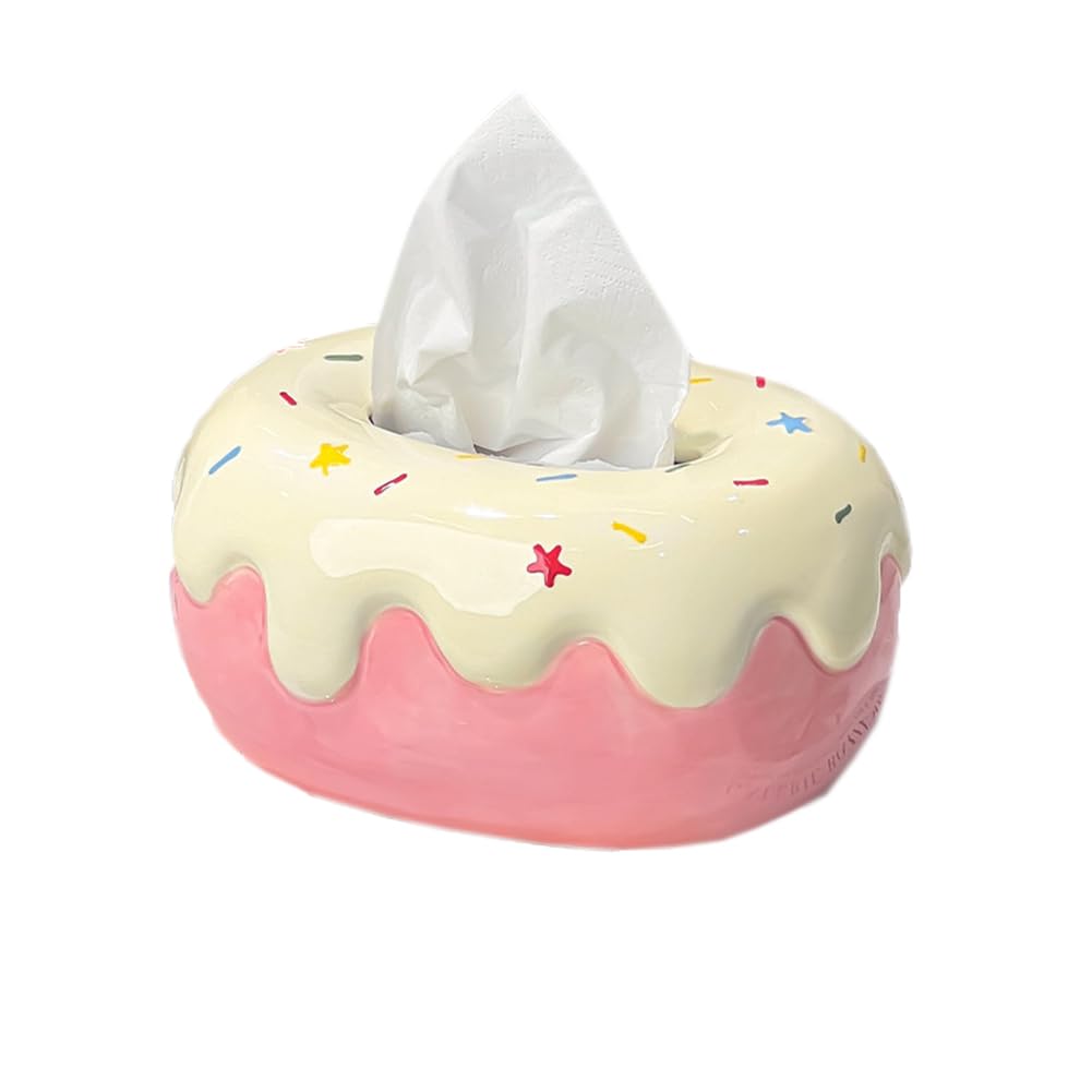 Qinqin Store Girls Milky Yellow Donut Shaped Ceramic Tissue Box Cover Cute Ceramic Tissue Box Holder Living Room Decorative Paper Facial Tissue Holders (, Inner Diameter: 14.5×9.5×8Cm/5.71"×3.74"×3.15")