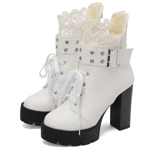 Image of MEOTINA Goth Platform Boots Combat Boots Chunky Heel Ankle Booties for Women Punk Buckle Gothic Boot with Zipper Lace Up Dress Shoes Black /White