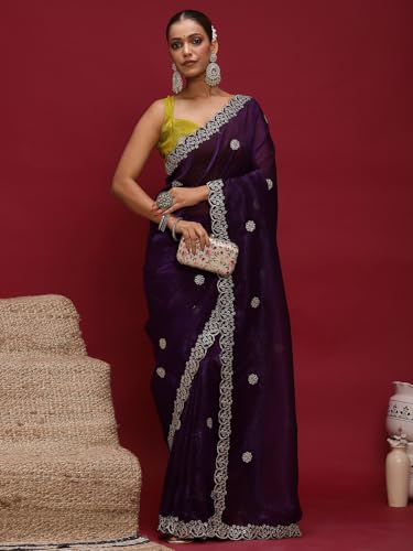 Image of AKHILAM Women's Tissue Embellished Saree With Unstitched Blouse Piece (RANI4701 RN Parent)