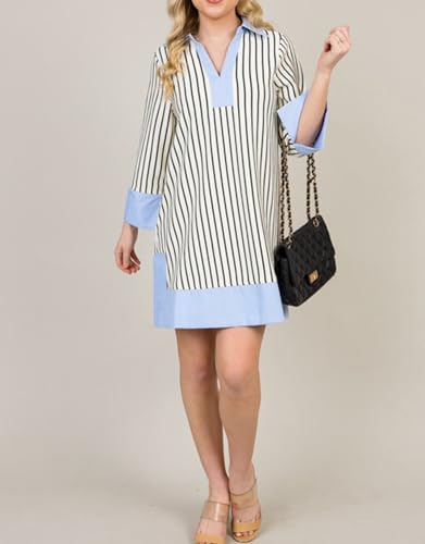 Image of Kedera Women's Summer Striped Dress Long Sleeve V Neck Collared Shirt Mini Dresses 2025 Trendy with Side Slit