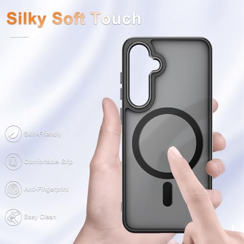 Image of YENAPOON for Samsung Galaxy S25 FE Case, Matte Magnetic Phone Case with 1 Screen Protector, Support for Magsafe, Translucent Frosted Shockproof Protective Cover for Samsung Galaxy S25 FE, Black