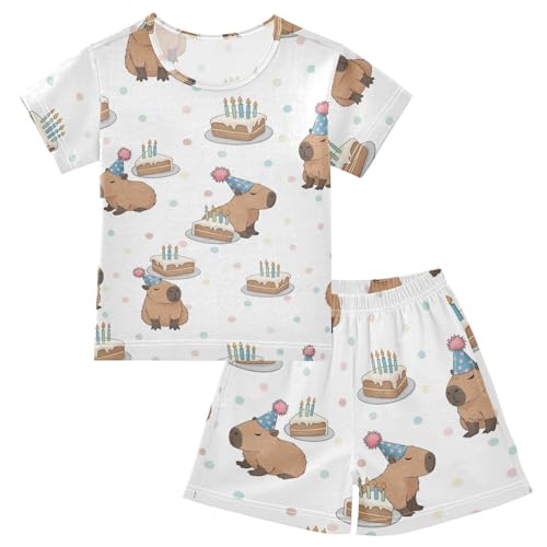 Pajama Short Sets Capybara Birthday Cake Pattern Soft Cotton Summer Sleepwear 2 Piece PJS Size 5-14T