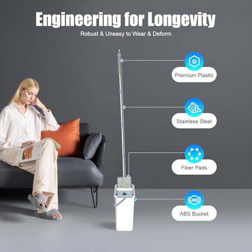 awolsrgiop Wischmopp Set mit Eimer, Bodenwischer Set, 8l Divider Bucket Mopp Set Mit 10 Blatt Austauschbarem Mikrofasertuch, Geeignet für Holzbretter, Fliesen, Marmor Langmopps – Bild 6