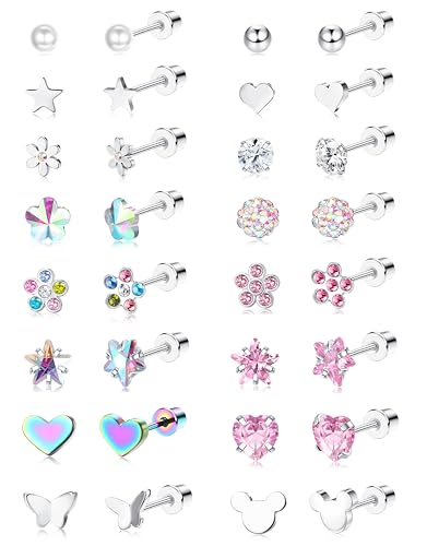 Cassieca CAS-P-E0036-SCREWB 16 Pairs Hypoallergenic Screw/Flat Back Piercing Earrings Pearl Ball Heart Flower Butterfly Comfortable Studs cover