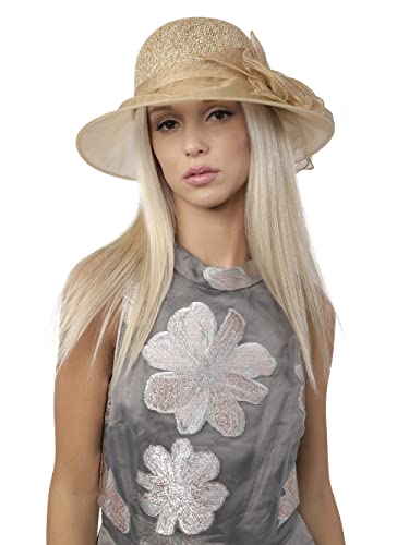 Carnavalife Sombrero de Paja de Papel y ala de Organza Floral para Mujer, Años 20 y 50 Vintage Retro Formal Derby para IR Boda Invitada, Madrina, Fiesta de Té, Iglesia, Comunión, Talla Única (Crema)