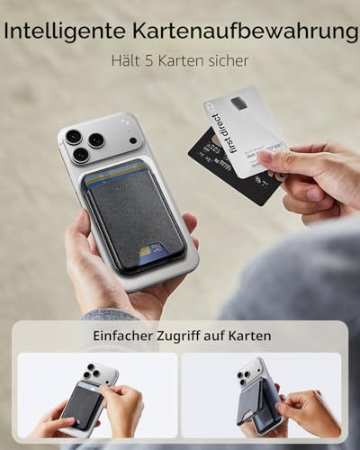 ESR mit MagSafe Wallet, 5 Kartenhalter, RFID-Schutz, für Magsafe Geldbörse mit Ständer, Wallet für iPhone 17e/17/16/15/14/13/12-Serie und Ausgewählte Samsung Geräte, Nicht für 13/12 Mini, Schwarz