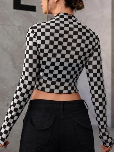 SOLY HUX Women's Plaid Sheer Mesh Tee Mock Neck Long Sleeve Lettuce Trim Crop Tops T Shirt2