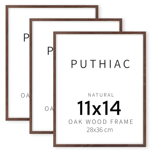 puthiac 11x14 Walnut Oak Wood Picture Frame - Minimalist 11x14 Frame Wood for Wall Art Decor, 11"x14" Natural Solid Wood Poster Frames for Wall Art Photo and Prints (3 Pack, Walnut)