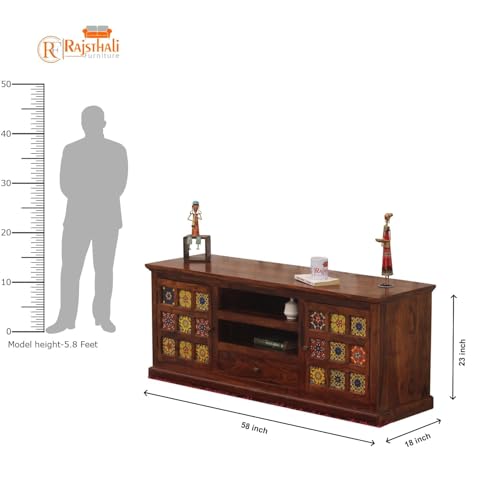 Image of Solid Wood TV Unit for Living Room 55 Inch Furniture - Wooden TV Unit with Storage Cabinet with 1 Drawr, 6 Shelves Wooden TV Cabinet for Living Room - Fits up to 55-Inch TV (Bennett)