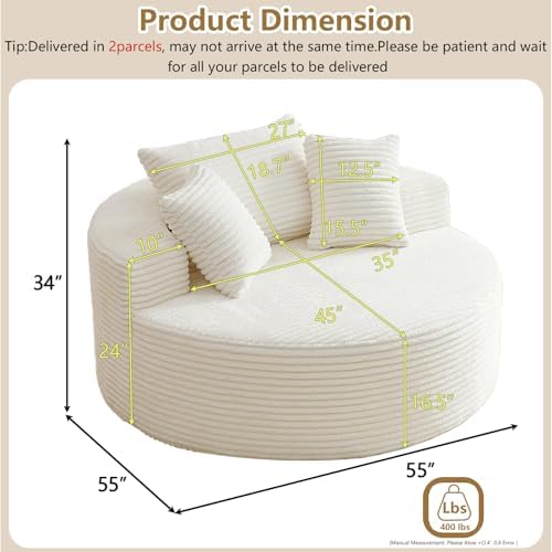 55''L Oversized Round Chaise Longue Chair Indoor, Corduroy Sponge Single Sofa, Oversized Round Chairs, Modern Sleeper Chair for Living Room,Projection Room, Wide Armrest Chairs Beige