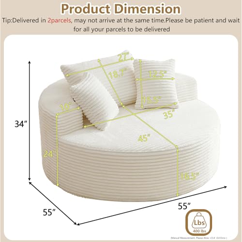 HZANHY 55''L Oversized Round Chaise Longue Chair Indoor, Corduroy Sponge Single Sofa, Oversized Round Chairs, Modern Sleeper Chair for Living Room,Projection Room, Wide Armrest Chairs Beige