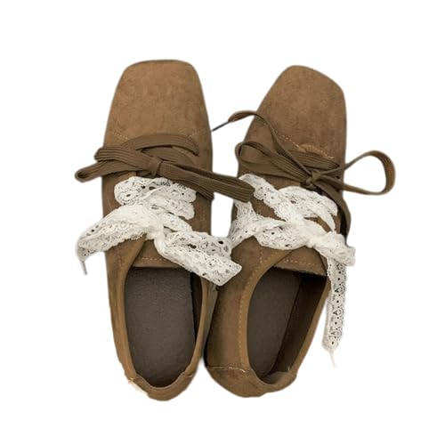 ZQW Women's Y2K Suede Square Closed Toe Lace Up Double Bows Flats Walking Casual Slip On Dressy Comfortable Ballerina Shoes