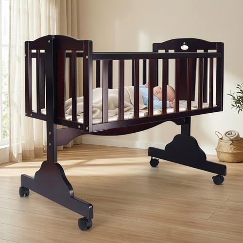 Image of R for Rabbit Dream Time Baby Wooden Cradle, Cot & Crib for Newborn Kids Bedding Set, Sleep Swing with Wheel Lock Function, Age 0-6 Months Upto 20 Kg Weight Capacity (Brown)