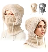 3 in 1 Beanie Hat for Women, Womens Balaclava Winter, Upgraded 3-in-1 Cold Knitted Hats Wind Resi...