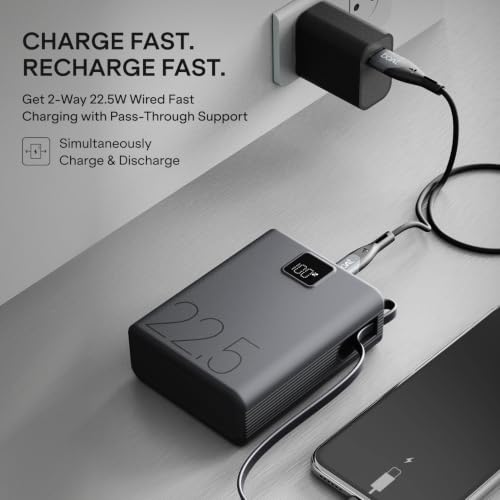 Image of boAt Apex PB400 Pro; in-Built Type-C Cable; Ultra-Compact; 20000 mAh 2-Way 22.5W Fast Charging w /Triple Output; Digital Display; for Android, iPhone 17 /16 /Pro, Samsung, iPad (Shadow Black)