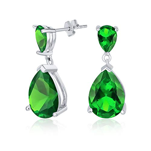 Bridal Simple 5CT AAA Cubic Zirconia Simulated Emerald Green Teardrop Pear Shaped Solitaire CZ Dangle Earrings For Prom .925 Sterling Silver