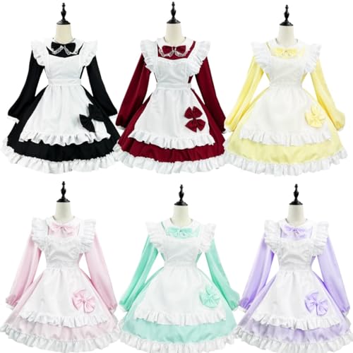 [COSSA] メイド服 コスプレ 5点セット 長袖 日系 萌え 可愛い コンカフェメイド コスプレ メイドコスプレ ロリータ エプロン コスチューム 撮影用 ハロウィン仮装 クリスマス イベント タイツ付きカチューシャ付き