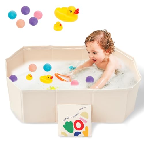 Bañera infantil plegable, bañera plegable bebé con juguetes 5 bolas y 2 patos tapón de drenaje, bañera plegable para bebe 30.7x17.7x9.8 pulgadas para niños de 0 a 8 años (blanco tulipán)