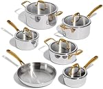 Lagostina Finezza 11-Piece 5-Ply Clad Stainless Steel Cookware Set, Premium Pots and Pans Set, Induction Safe, Oven Safe up to 400ºF / 204ºC, Elegant Gold Handles, Silver