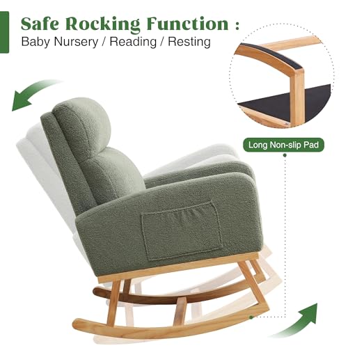 Image of HCHAIRH Rocking Chair Nursery, Boucle Teddy Nursing Rocking Chairs, Upholstered Nursery Glider Rocker for Mom Nursery Morden Accent Rocking Chair with Side Pocket for Living Room,Bedroom, Green