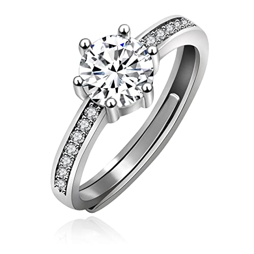 Uloveido Conjunto de anéis de noivado de casamento solitário de zircônia cúbica de cor prata ajustáveis para homens e mulheres, Adjustable, Cristal, Zircônia cúbica