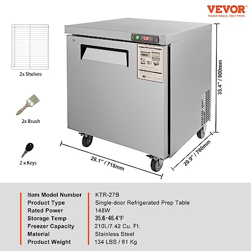 VEVOR 28" W Commercial Refrigerator, Undercounter Worktop Refrigerator, 7.4 Cu. Ft Thick Stainless Steel Refrigerated Food Prep Station Fan Cooling Single Door Worktop Fridge with lock for Bar by VEVOR - Image 7