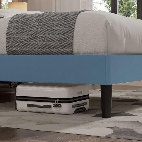 Image of VECELO Queen Size Bed Frame with Upholstered Headboard, Velvet Platform Bedframe Mattress Foundation, Strong Wood Slat Support, No Box Spring Needed,Sky Blue