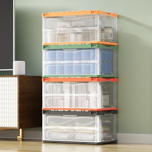 Giantex Storage Bins with Lids - 48 Gal Total Capacity, 4 Pack Stackable Collapsible Storage Boxes with Side Handles, Foldable Plastic Containers for Pantry Office School Dorm Organizer, 4 Colors