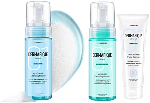 Image of Dermafique Aquaquench Cleansing Mousse, 150 ml & Dermafique Acne Avert Cleansing Mousse, 150 ml & Dermafique - Absolute Detox Facial Cleanser, 100 ml
